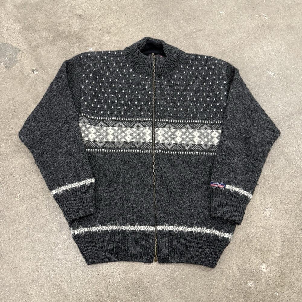 Norwool of Norway Pure Wool Sweater Men's Med Grey Black Nordic Jacket Full Zip